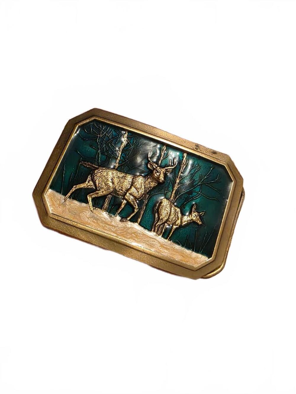 Vtg 1976 Great American Buckle Co. Limited Edition Buckle W/Deer & Green Enamel